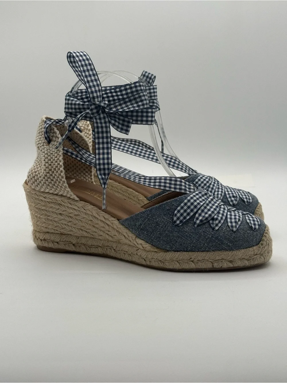 Paseart Denim Espadrille Wedge Sandals Blue Gingham Lace-Up Ankle Tie Platform